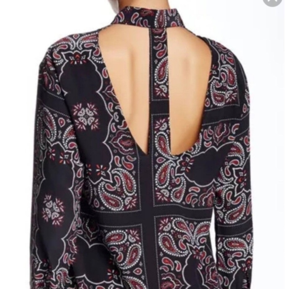 SANDRO PARIS  Paisley 100% Black Red White silk cutout long sleeve blouse size1